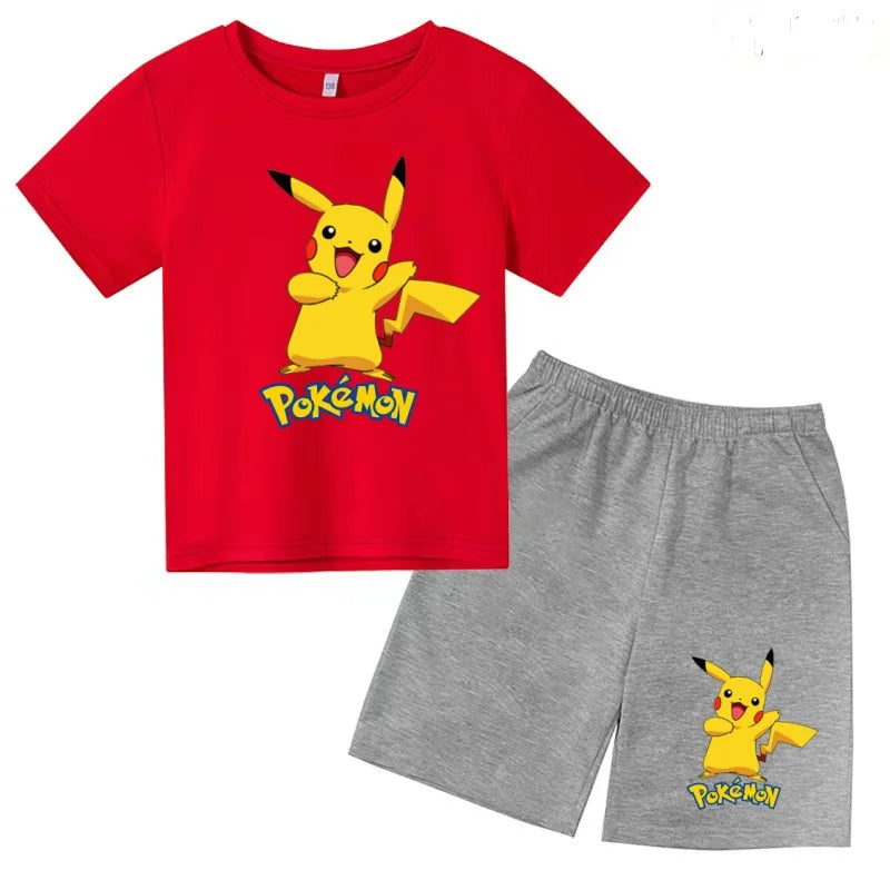 Children's T-shirt Cool Summer Anime Pikachu Print Boys Girls 3-12Years Pokemon Clothing Cartoon Short-sleeved+Shorts Casual Set