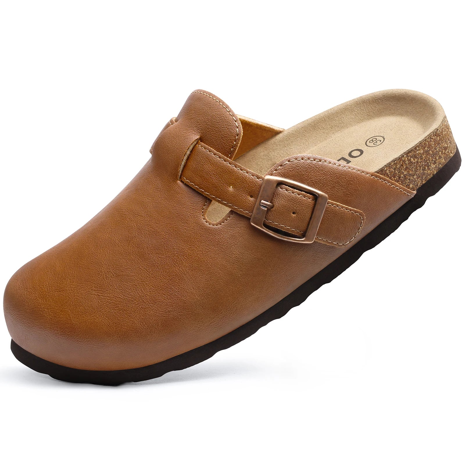 Kidmi Unisex Cork Insole Mules - Vegan Leather Adjustable Buckle Slip-On Clogs with Arch Support Potato Shoe for Women And Men