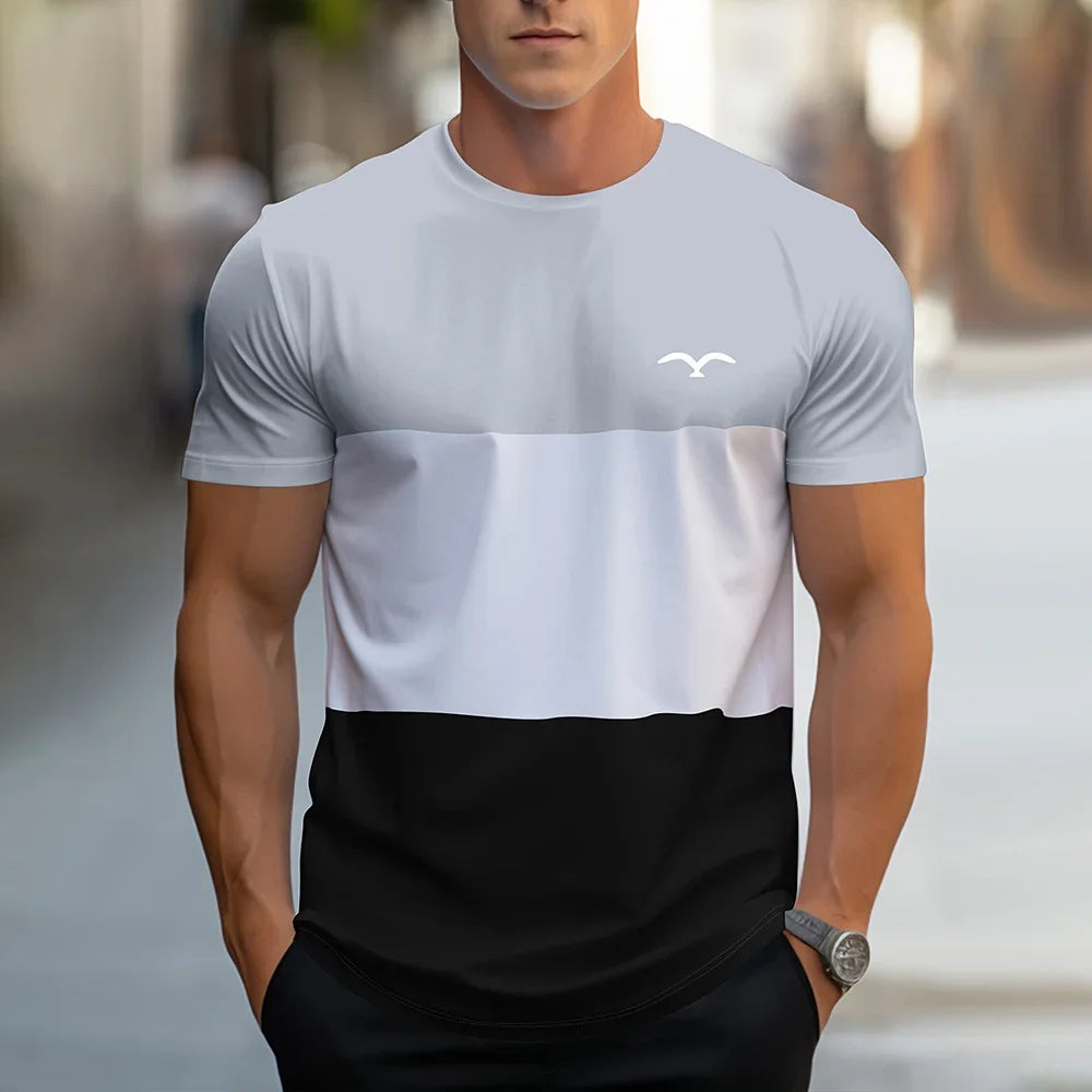 Fashion Splicing Stripes Print T Shirt For Men Casual O-neck Short Sleeve Pullover Summer Breathable Loose Tops Street Trend Tee