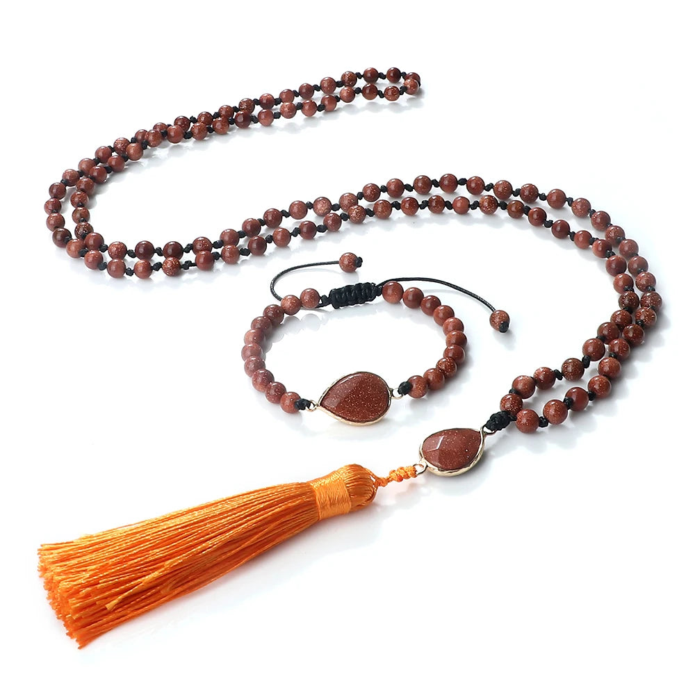 Fashion Natural Stone Beads Necklace & Bracelet Set Women Men Classic Long Tassel Pendant Necklace Yoga Healing Bohemian Jewelry