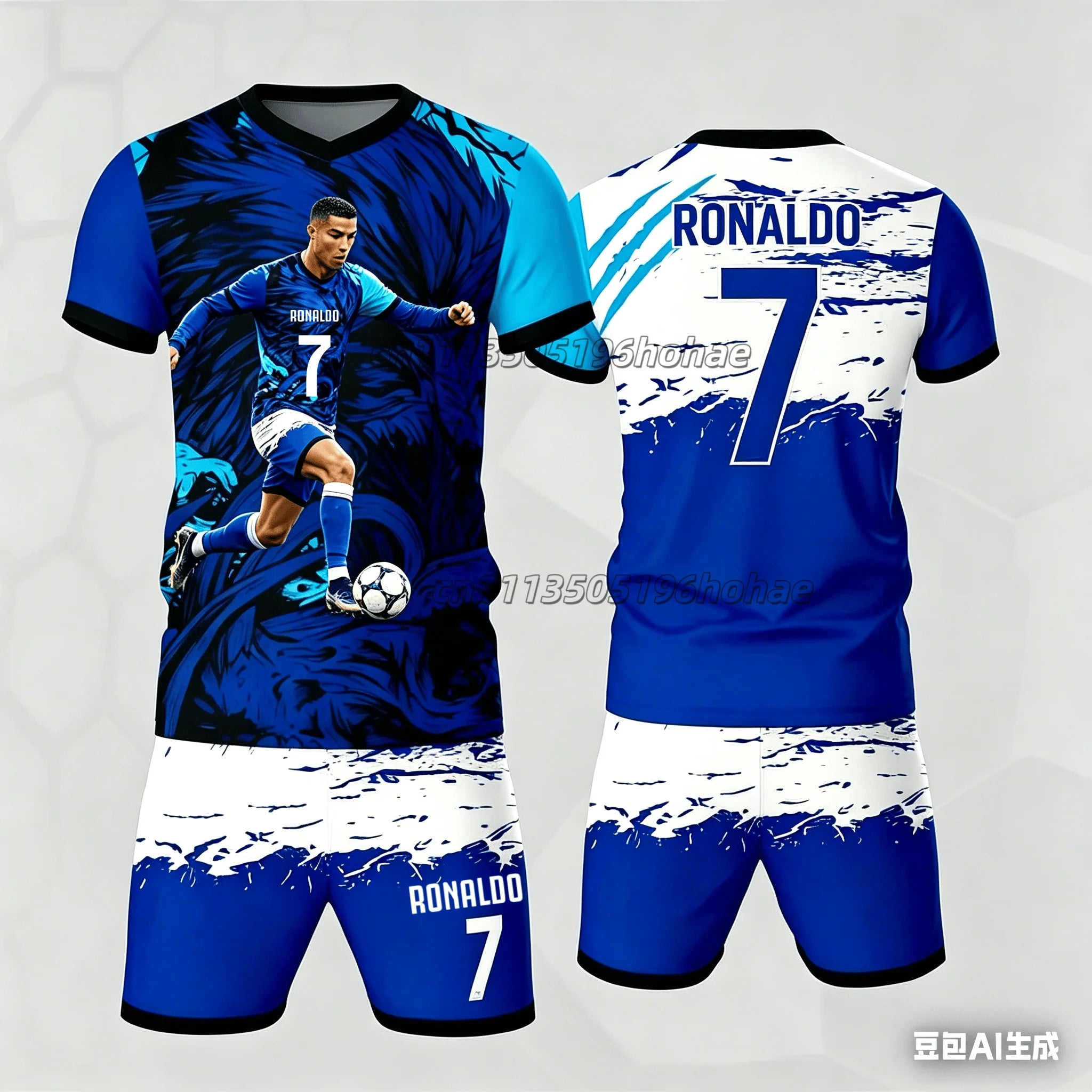 Summer gradient printed football superstar # Cristiano Ronaldo No.7# themed jersey training quick drying set familyMatching、kids