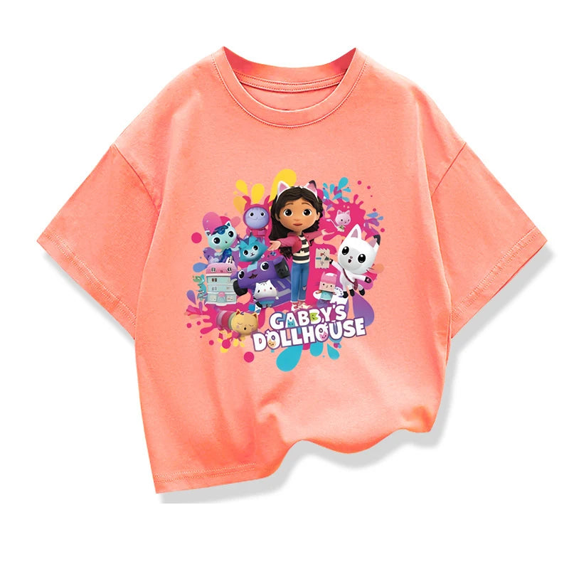 Summer Tee Girls Short Sleeve Tops Kawaii Gabbys Dollhouse T-shirt for Baby Girls Gabby Cats T Shirts Kids  Children Clothing