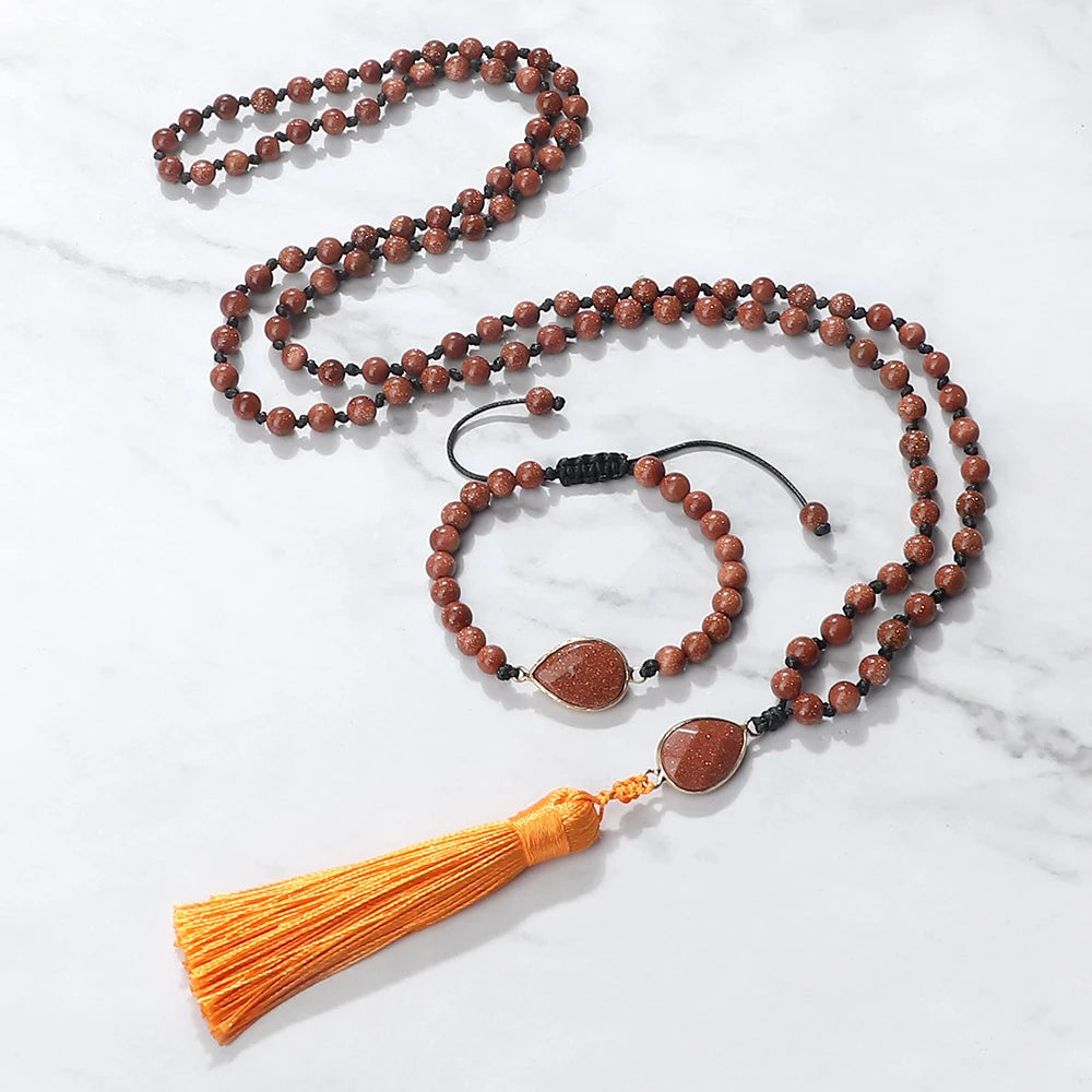 Fashion Natural Stone Beads Necklace & Bracelet Set Women Men Classic Long Tassel Pendant Necklace Yoga Healing Bohemian Jewelry
