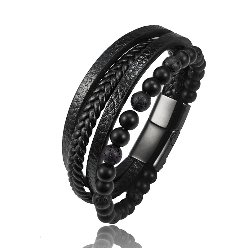 2025 New Beads Tiger's Eye Stone Bracelet for Men Four Layers Leather Bracelet with Stainless Steel Magnet Male Jewelry Gift