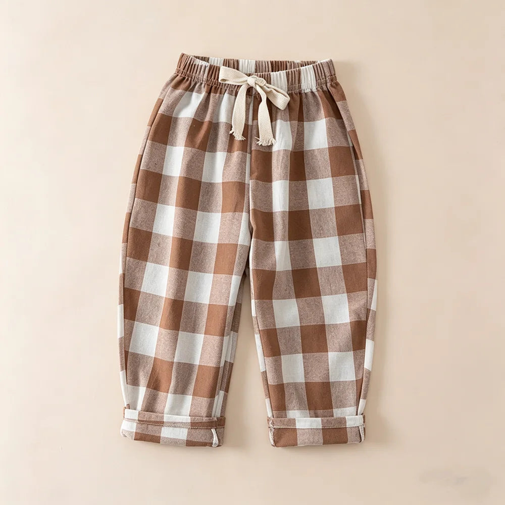 Spring Summer Kids Vintage Cotton Plaid Pant Boys Girls Loose Casual Pants Comfort Trousers For Girl Children's Clothing