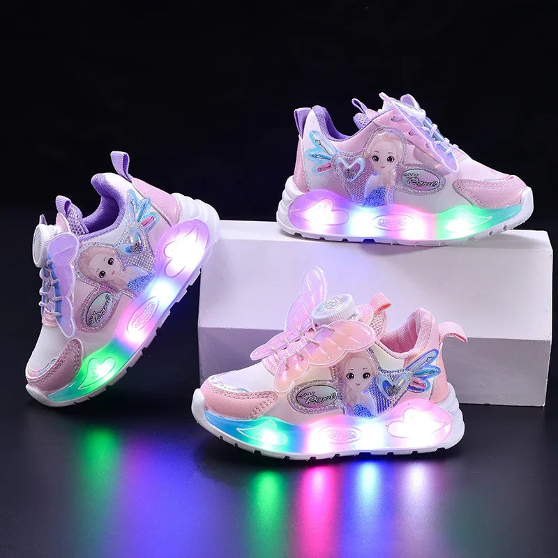 Glowing Cartoon Princess Sports Shoes for Girls Rotating Buckle Lighting up Casual Shoes Spring New Arrival for Kids