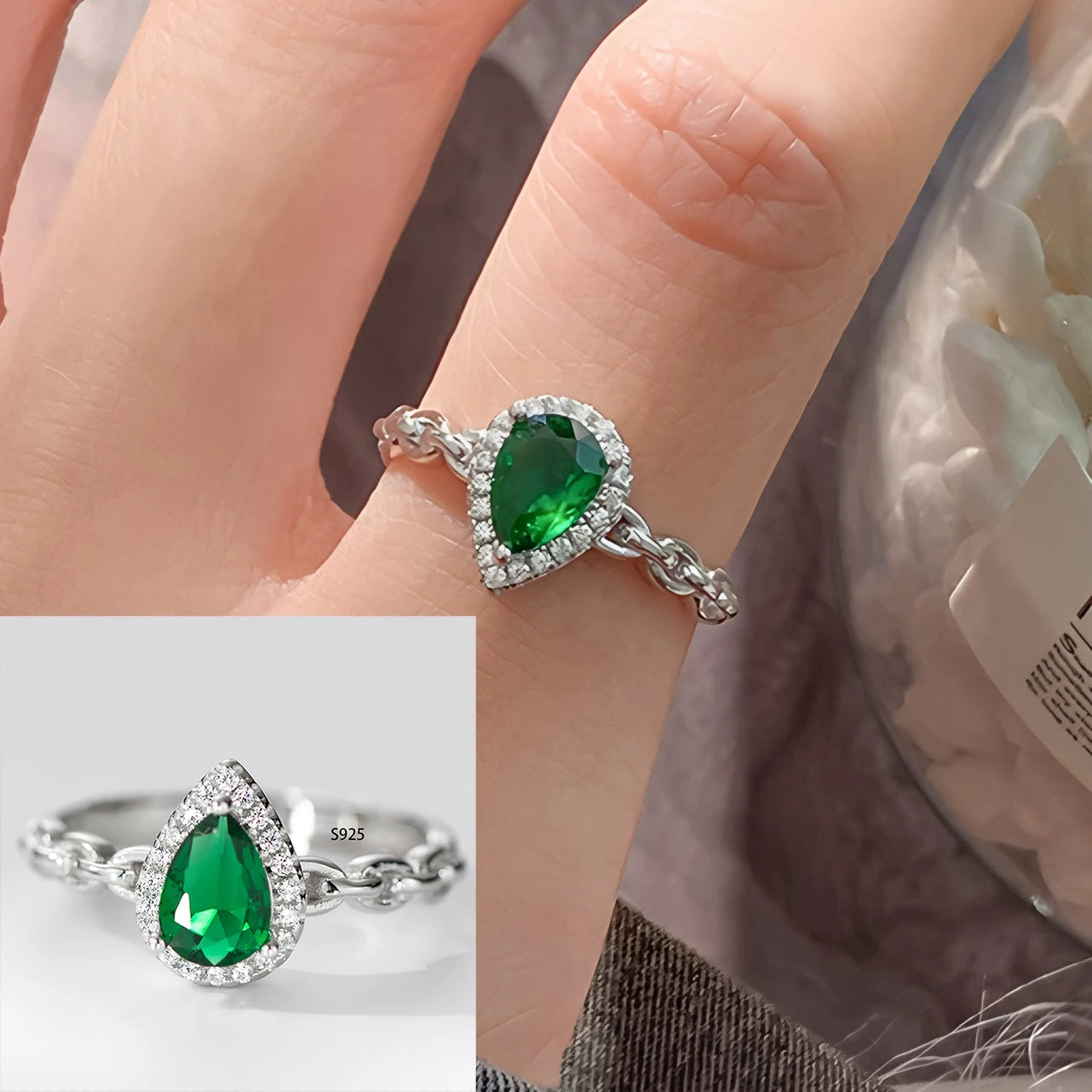 VENTFILLE 925 Sterling Silve Green Crystal Geometry Ring Square Retro Sweet Jewelry Birthday Gift Dropshipping