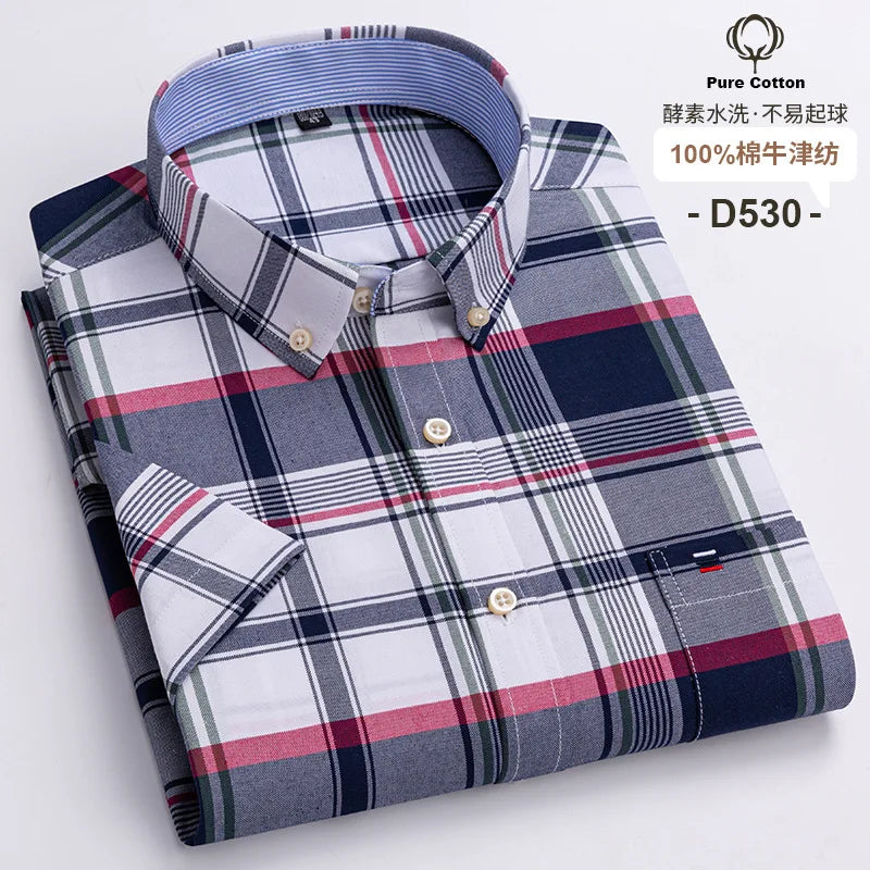 7XL Classic Men's Short Sleeve Shirt 100% Oxford Cotton Casual Plaid Stripe Shirt Business Men's Shirts Short Sleeve Large Size
