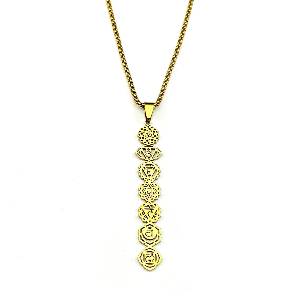 Yoga 7 Chakra Flower Om Symbol Sanskrit Pendant Necklace for Women Stainless Steel Gold Color Reiki Healing Amulet Jewelry Gift