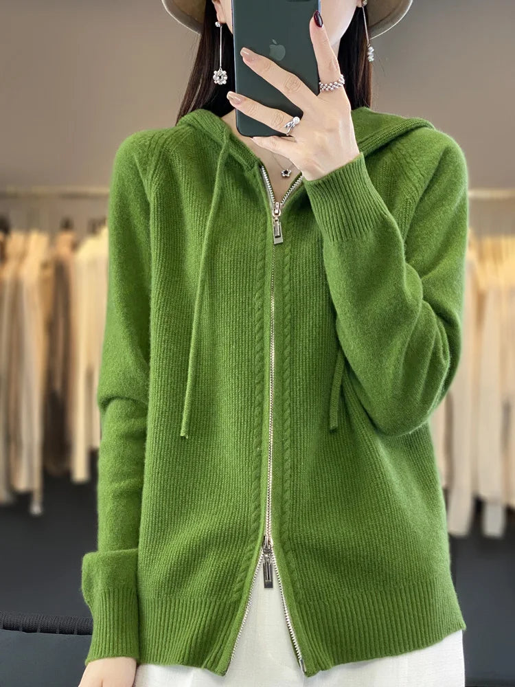 Autumn Winter 100% Merino Wool Sweater Cardigan Women's Hooded Zippers Raglan Sleeve Cashmere Knitwear Casual Chic Clothing Tops
