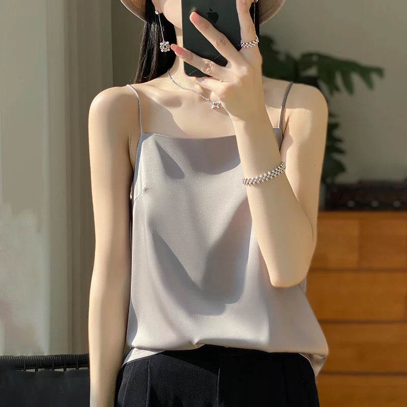 New Ice Silk Sexy Satin Strap Women's Spring/Summer Vest Solid Color Sleeveless Sexy Comfortable Silk Underwear Vest RW-D19
