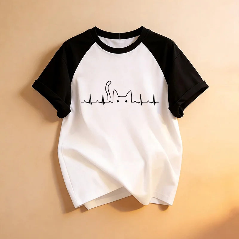 Funny Kawaii T Shirt Retro Black Cat Letter Print Crew Neck T-Shirt Casual Short Sleeve Tops for Spring Summer Women's Clothing
