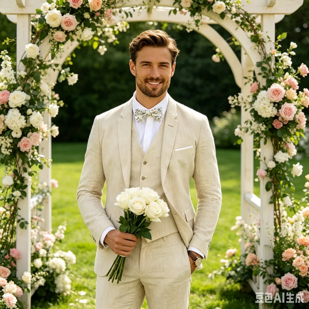 3 Piece Blue/Beige Linen Men's Slim Fit Suits Notch Lapel Blazer Summer Wedding Groom Tuxedos for Prom Party (Jacket+Vest+Pant)