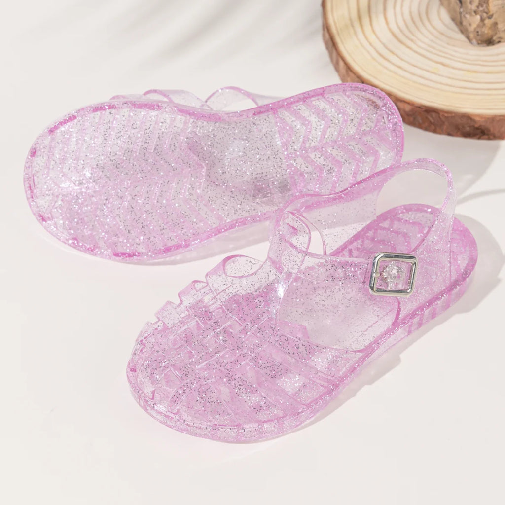 Summer Breathable Fashion Cartoon Print Cool Fine Glitter Sequins Jelly Shoes Adjustable PVC Girls Sandals