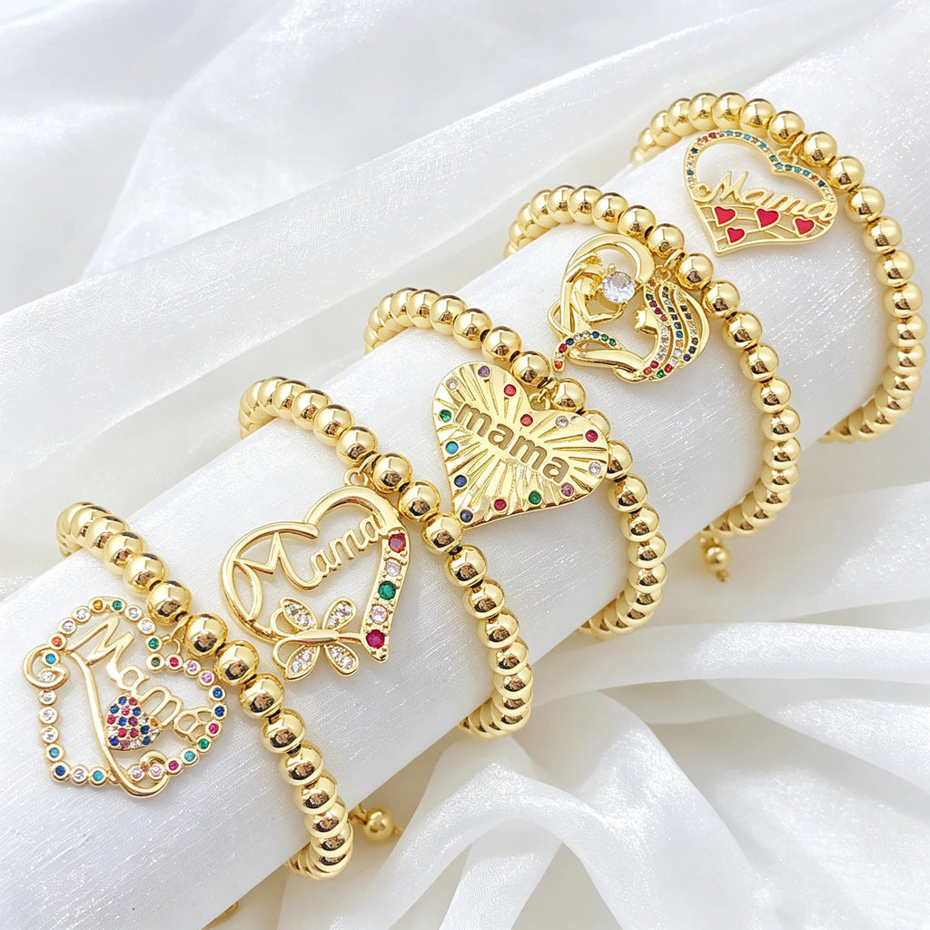 New Arrival Gold-Plated Heart-Shaped Zircon Mama Copper Bead Bracelet Classic for Women Holiday Party Jewelry Mother's Day Gift