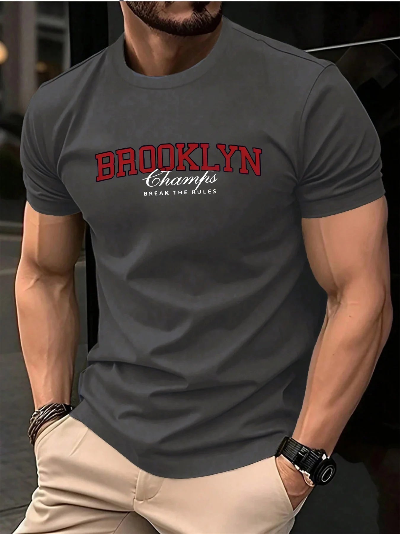 Men's Summer 100% Cotton Fashionable Casual Loose Brooklyn Pattern Printed Sports Round Neck Short Sleeve T-shirt Top