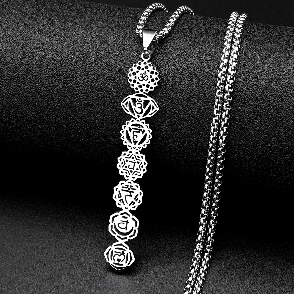 Yoga 7 Chakra Flower Om Symbol Sanskrit Pendant Necklace for Women Stainless Steel Gold Color Reiki Healing Amulet Jewelry Gift