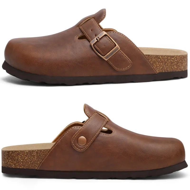 Kidmi Unisex Cork Insole Mules - Vegan Leather Adjustable Buckle Slip-On Clogs with Arch Support Potato Shoe for Women And Men