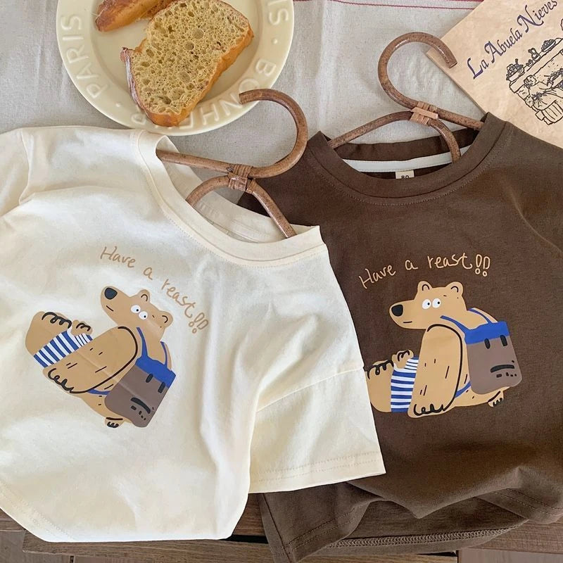 Fashion Casual Kids Short Sleeved Tops Boys T-shirts 2025 New Summer Clothing Loose O-neck Children's T Shirt Printed Bear