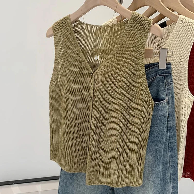 Summer Korean Cotton And Linen Fashion Casual Solid Color Loose V-Neck Vest For Women