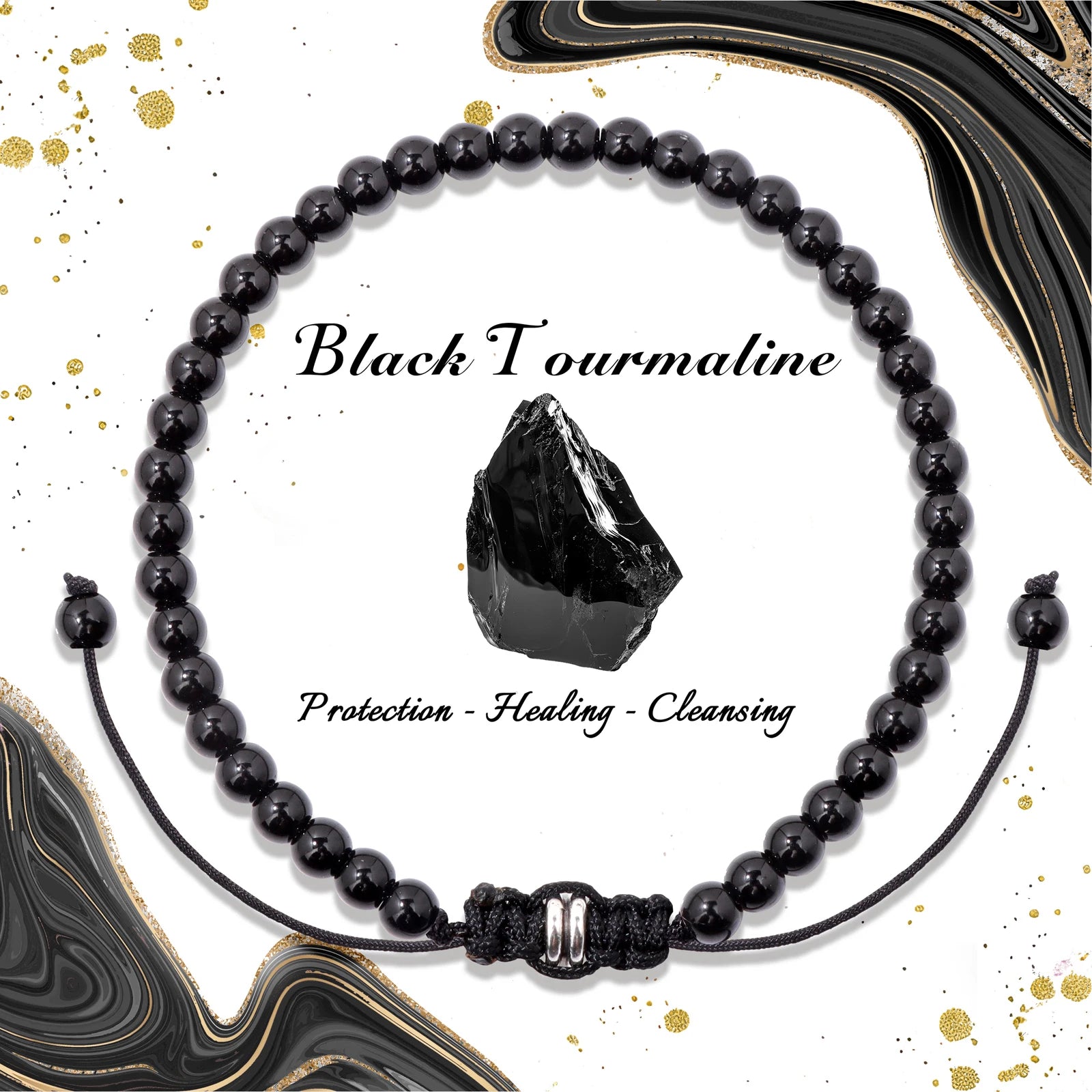 4/6/8mm Natural Black Tourmaline Stone Beads Bracelet Healing Energy Bracelets Adjustable Rope Braided Bracelet with Card Gifts
