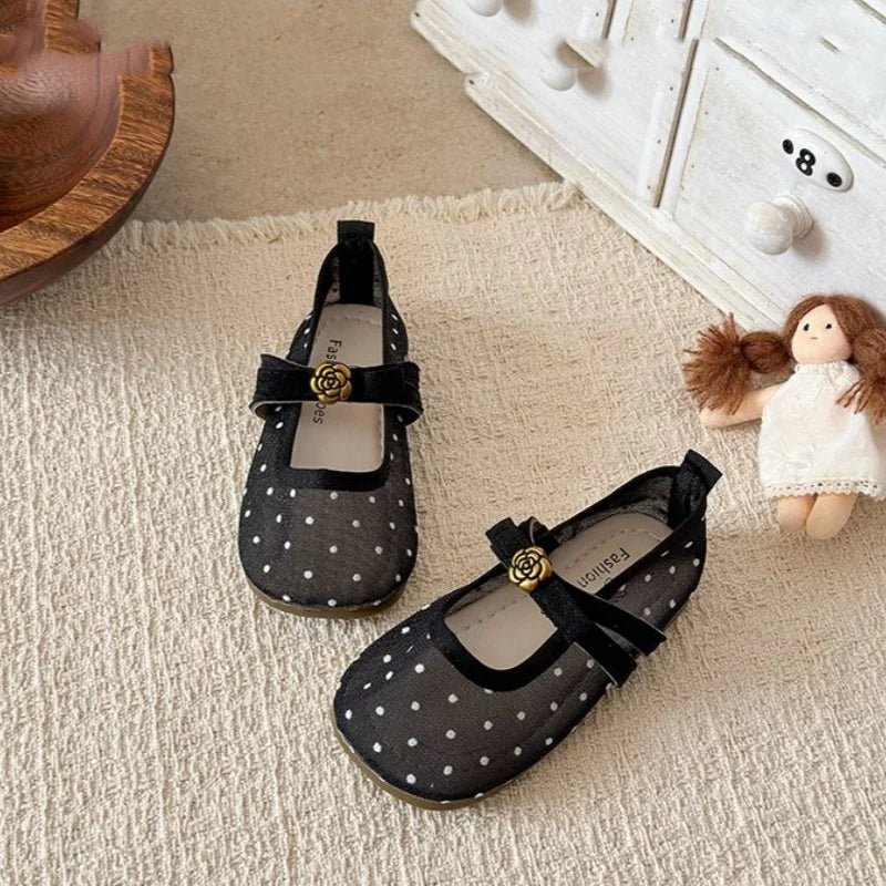 Summer Toddler Girls Polka Dot Mesh Mary Jane Shoes Flower Decor Soft Non-Slip Sole Breathable Lightweight Daily Party Wear