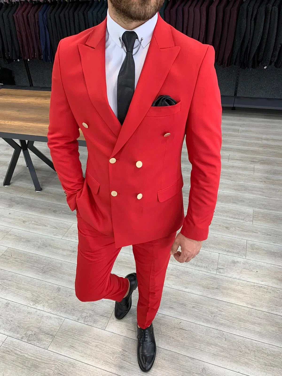 2-piece  Red Men Suit Blazer Pants Double Breasted Peaked Lapel Business Slim Wedding Groom Tailored Costume Homme