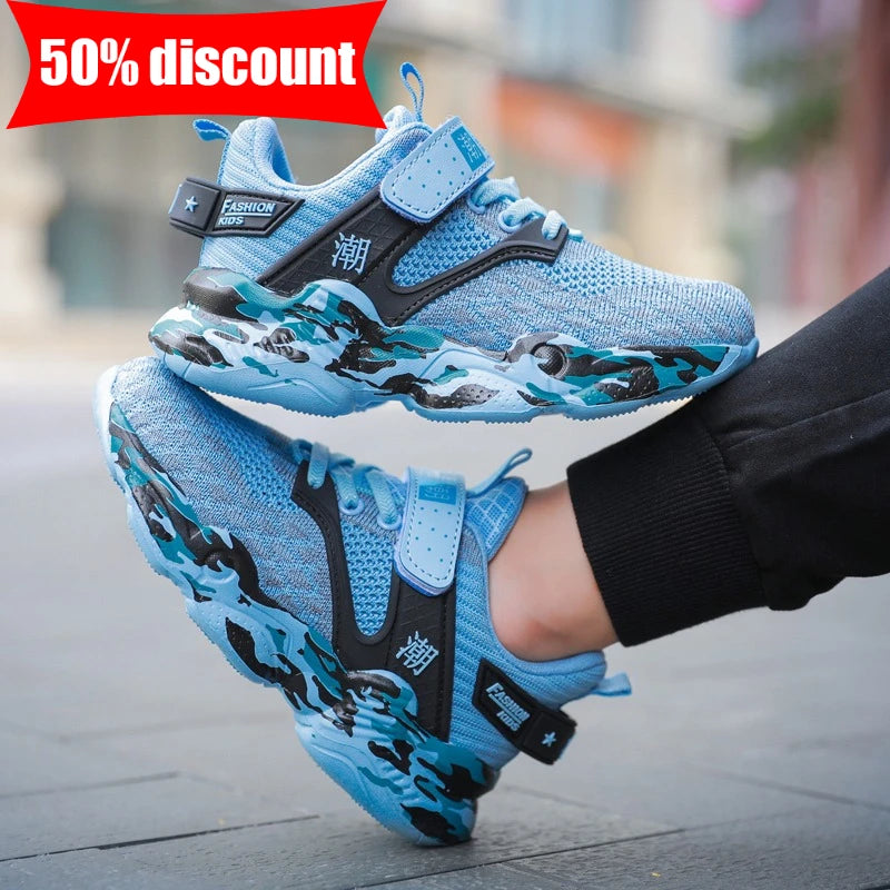 Childrens Sports Shoes Street Fashion Comfortable Walking Soft Soled Casual Shoes Boys Breathable Mesh Tennis Training Shoes