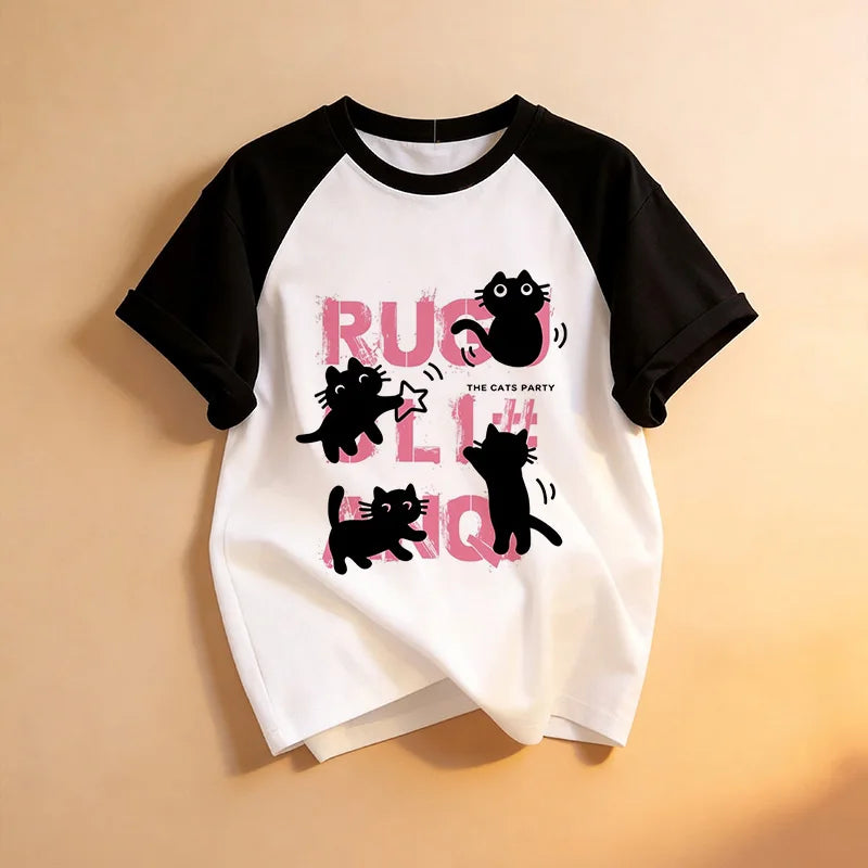 Funny Kawaii T Shirt Retro Black Cat Letter Print Crew Neck T-Shirt Casual Short Sleeve Tops for Spring Summer Women's Clothing