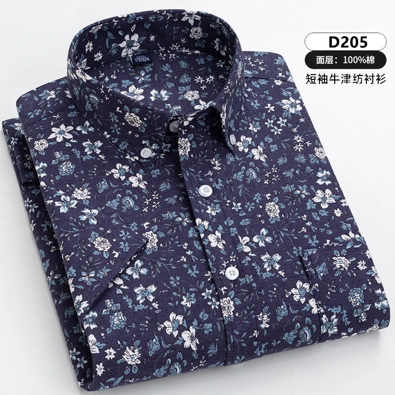 7XL Classic Men's Short Sleeve Shirt 100% Oxford Cotton Casual Plaid Stripe Shirt Business Men's Shirts Short Sleeve Large Size
