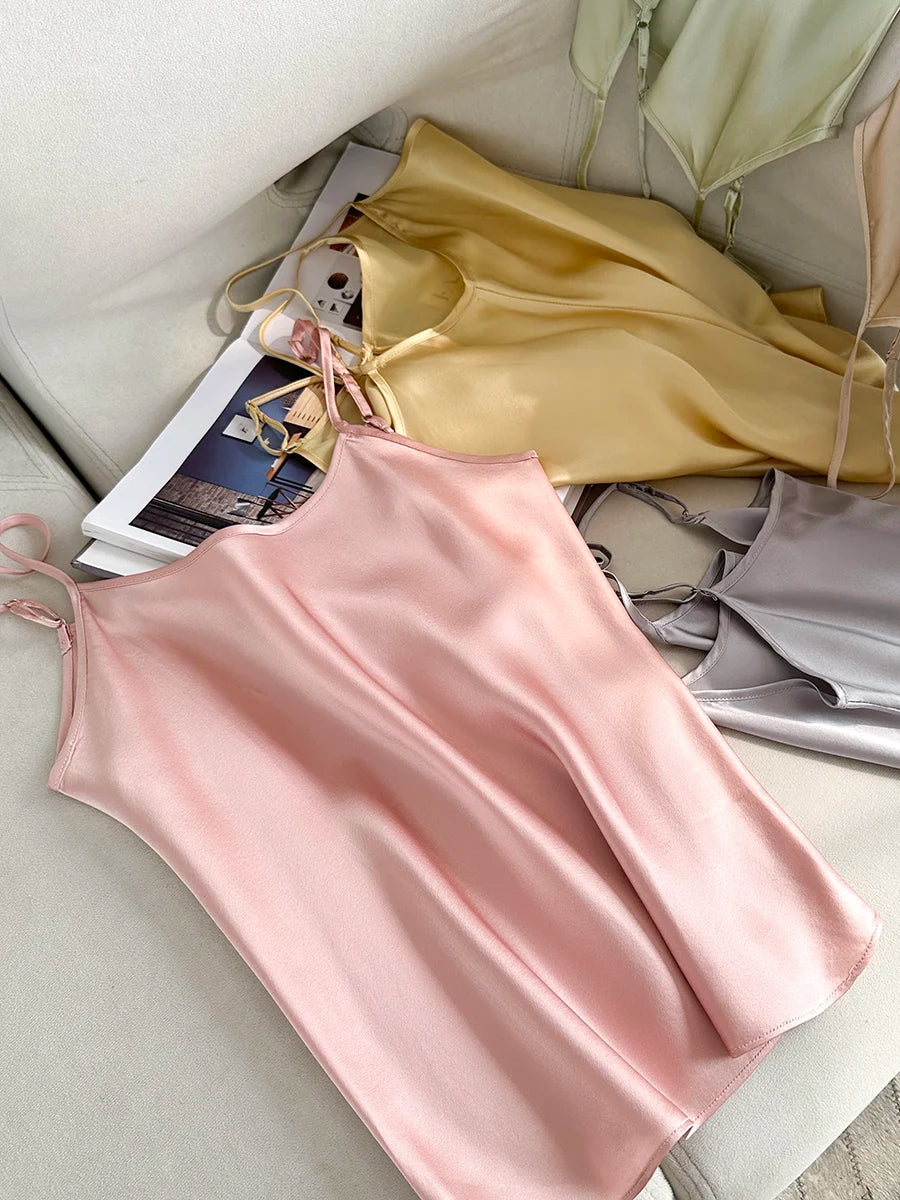 SuyaDream, Women 100%Real Silk Camisoles, 19MM, Solid Cozy Camis, 2024 Spring Summer Basic T shirts, White, Pink, Beige
