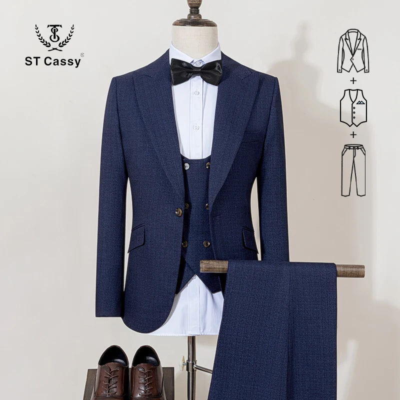 ST Cassy High Quality Men's Suit brown 3 pcs set Slim Fit Male Groom Wedding Blazers Party Dress  Suit Business Office