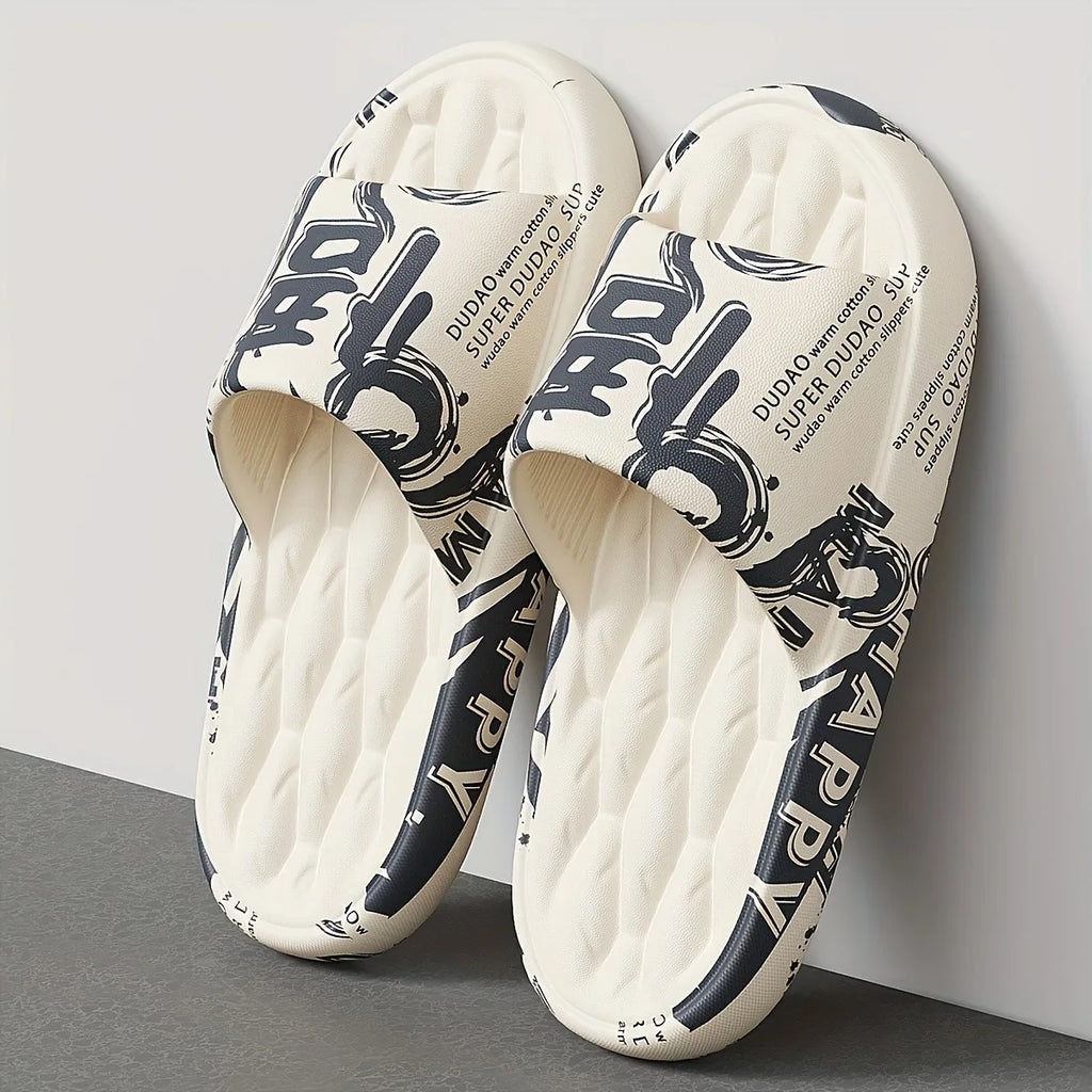 Trendy EVA Graffiti Slides for Men and Women Soft Comfortable Black White Design Playful Patterns Casual Home Outdoor Wear