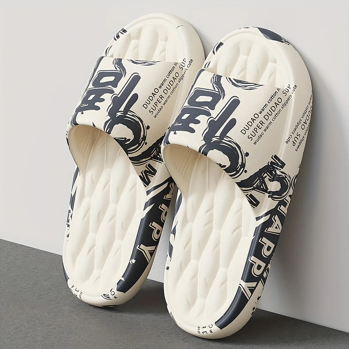Trendy EVA Graffiti Slides for Men and Women Soft Comfortable Black White Design Playful Patterns Casual Home Outdoor Wear