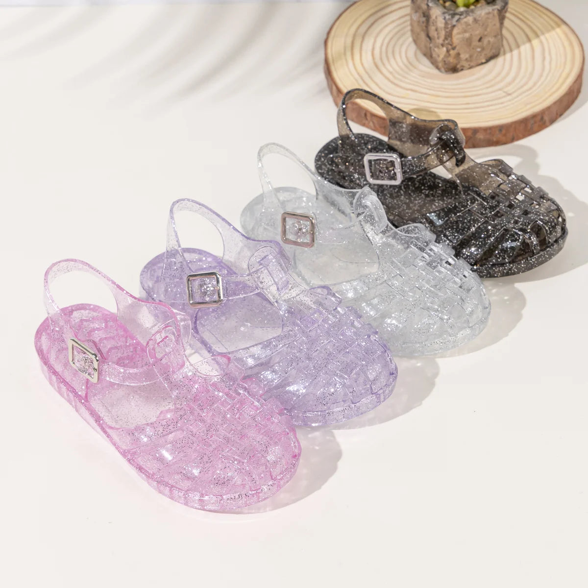 Summer Breathable Fashion Cartoon Print Cool Fine Glitter Sequins Jelly Shoes Adjustable PVC Girls Sandals