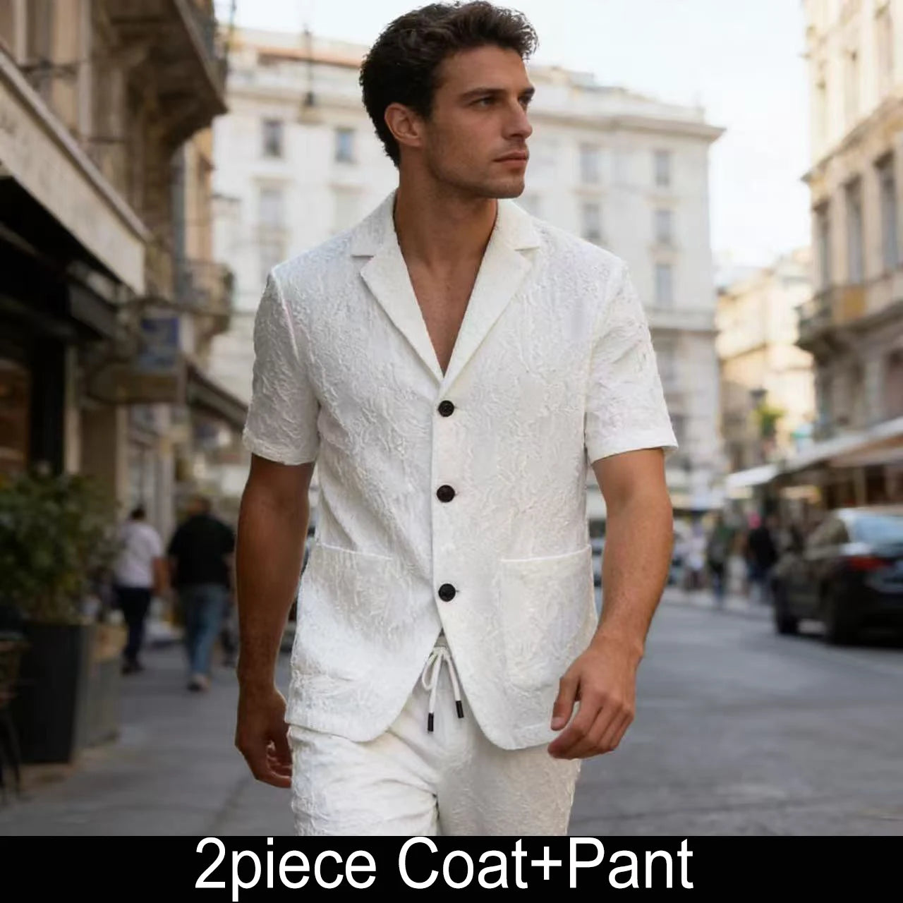 KIDWHXR Summer Man Suit Set Korean Thin Slim Short Sleeve Male 2-piece Outfit Men Single-breasted Blazer Elastic Waist Pant
