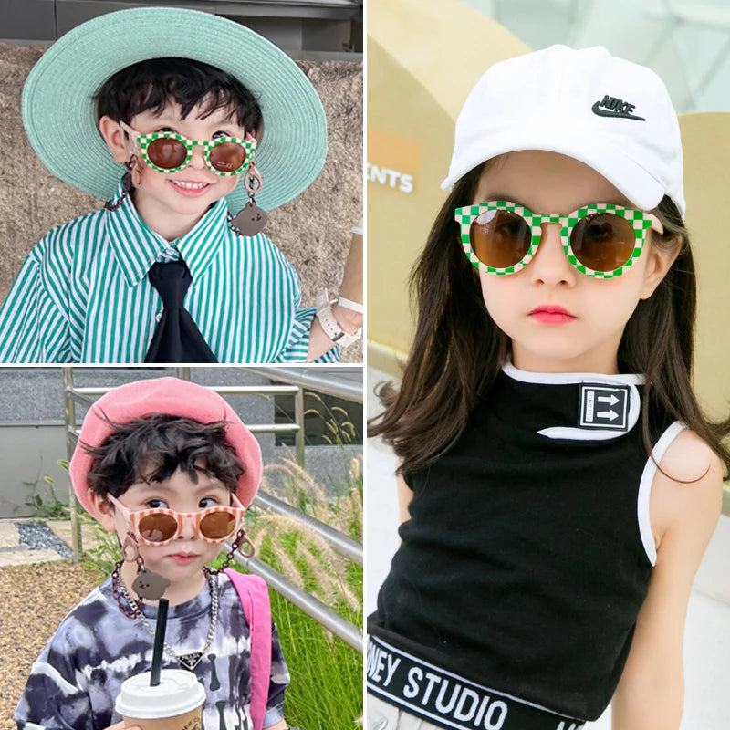 New Children Cute Checker Panel Color Round UV400 Sunglasses Baby Girls Outdoor Sun Protection Sunglasses Kid Sun Glasses