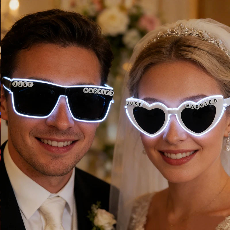 Wireless Type LED Just Marrired Glasses for Groom Bride Light up Glasses Couple Sunglasses Wedding Decoration