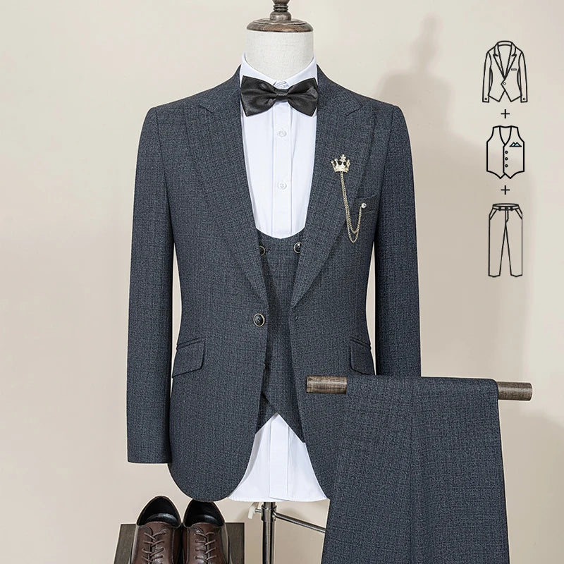 ST Cassy High Quality Men's Suit brown 3 pcs set Slim Fit Male Groom Wedding Blazers Party Dress  Suit Business Office