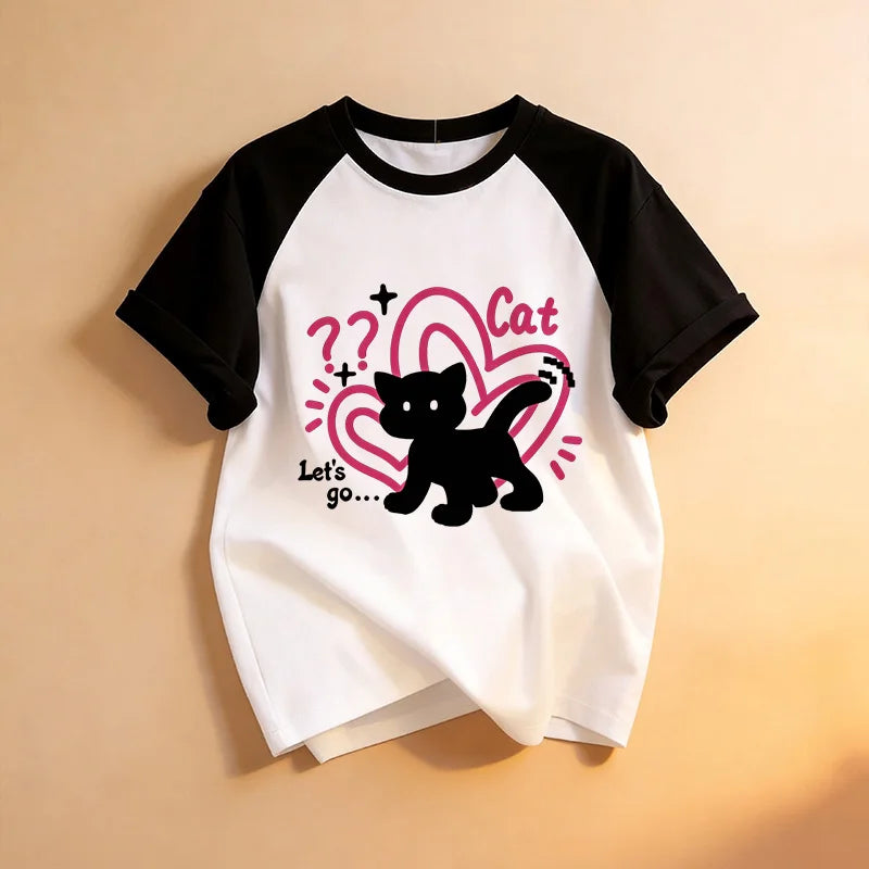 Funny Kawaii T Shirt Retro Black Cat Letter Print Crew Neck T-Shirt Casual Short Sleeve Tops for Spring Summer Women's Clothing