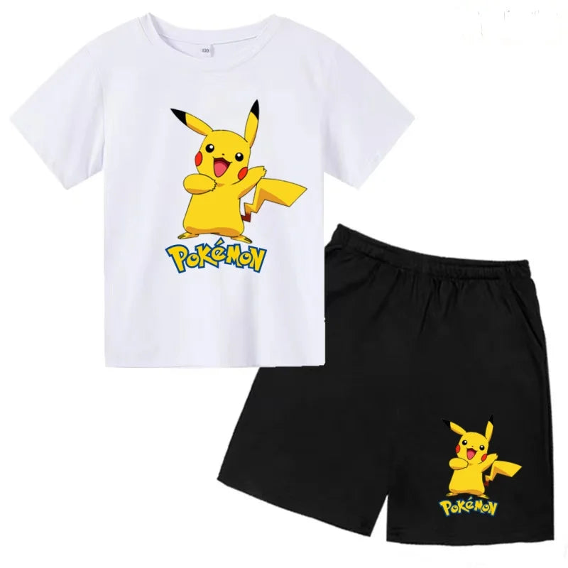 Children's T-shirt Cool Summer Anime Pikachu Print Boys Girls 3-12Years Pokemon Clothing Cartoon Short-sleeved+Shorts Casual Set
