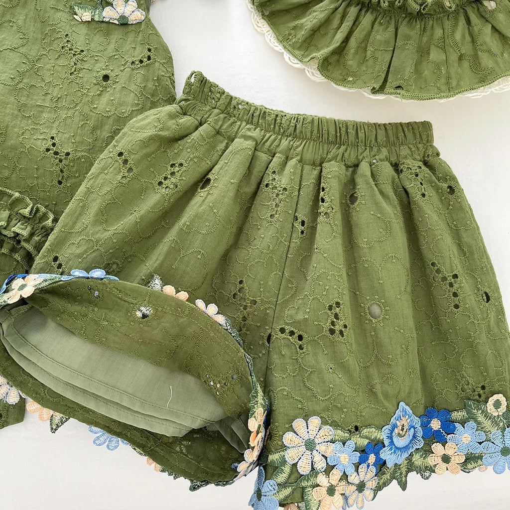 Summer Girl Dress 3psc Set Hat+Top+Short Pants Green Clothing Kids Dresses and Suit Big Bow Fashion Top and Bottom Short Set