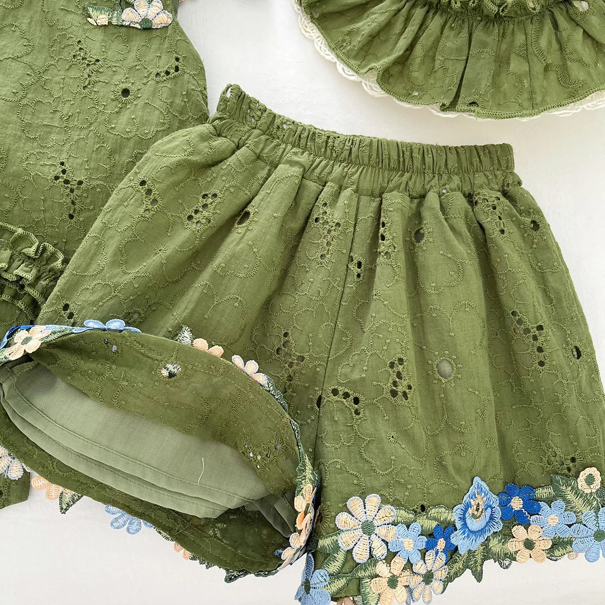 Summer Girl Dress 3psc Set Hat+Top+Short Pants Green Clothing Kids Dresses and Suit Big Bow Fashion Top and Bottom Short Set