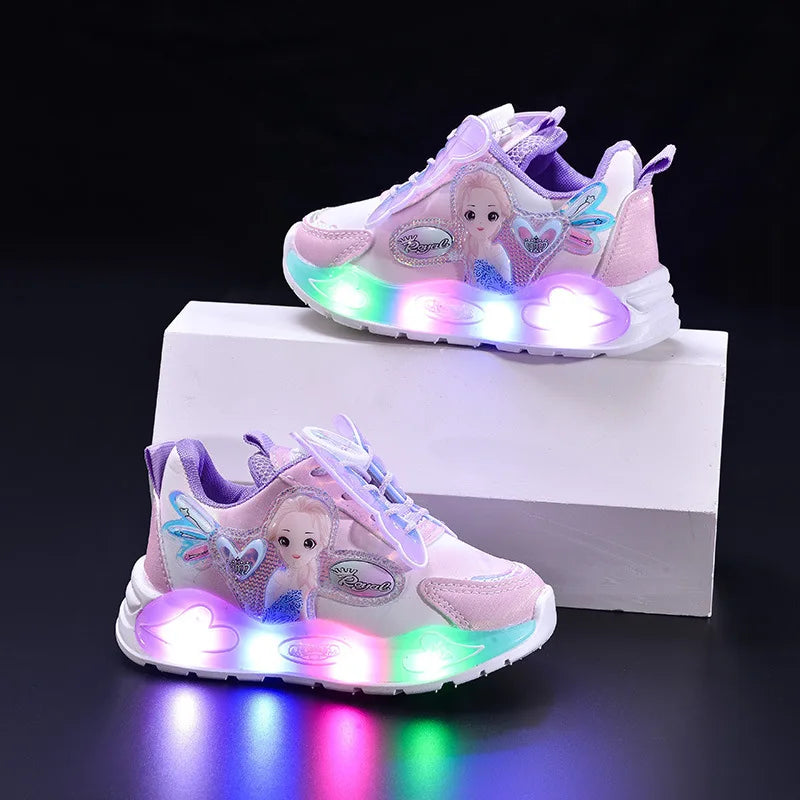 Glowing Cartoon Princess Sports Shoes for Girls Rotating Buckle Lighting up Casual Shoes Spring New Arrival for Kids