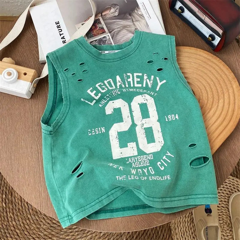 Summer Handsome Boys New Black Pure Cotton Sleeveless Perforated T-shirt Loose Style Baby Children Tank Top