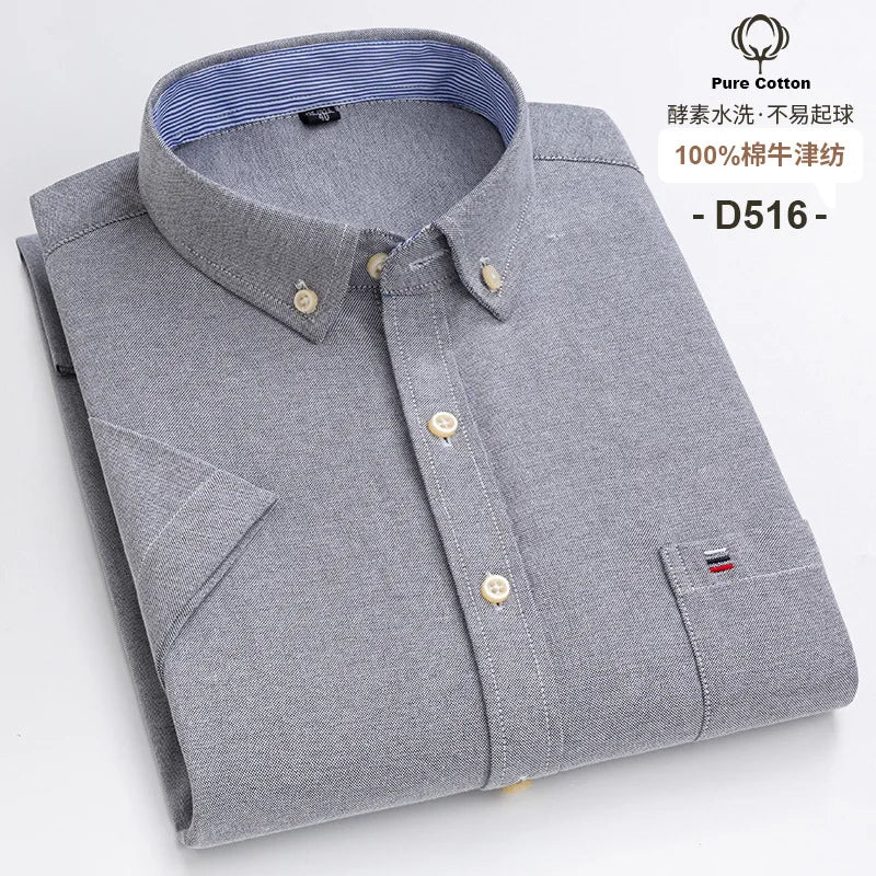 7XL Classic Men's Short Sleeve Shirt 100% Oxford Cotton Casual Plaid Stripe Shirt Business Men's Shirts Short Sleeve Large Size