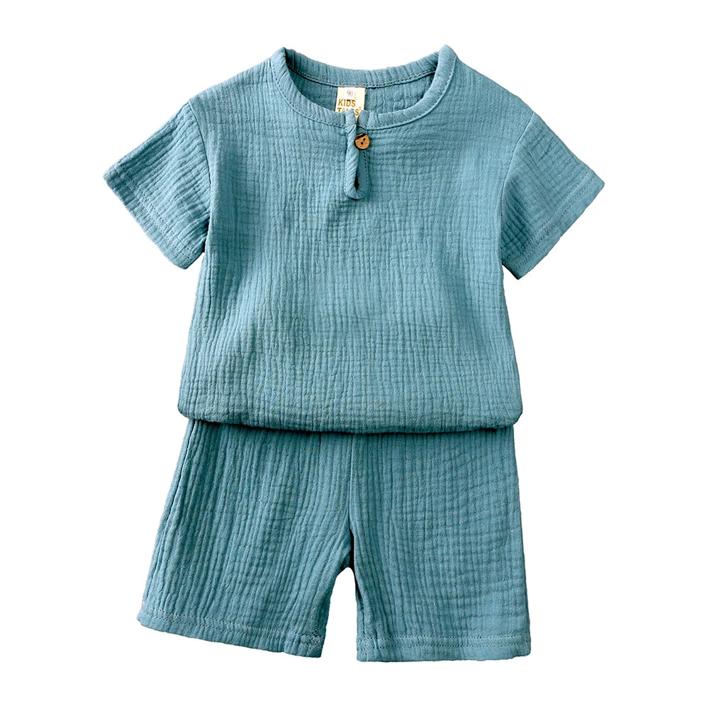 2026 Toddler Summer Boy Girl Outfits Cotton Linen Solid T-shirt Shorts Clothes For Children Korean Casual Breathable Clothes Set
