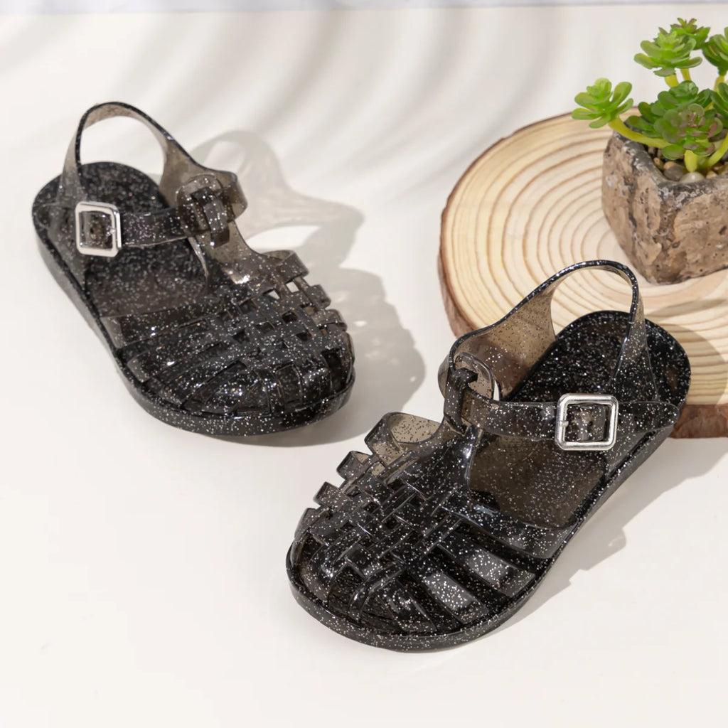 Summer Breathable Fashion Cartoon Print Cool Fine Glitter Sequins Jelly Shoes Adjustable PVC Girls Sandals