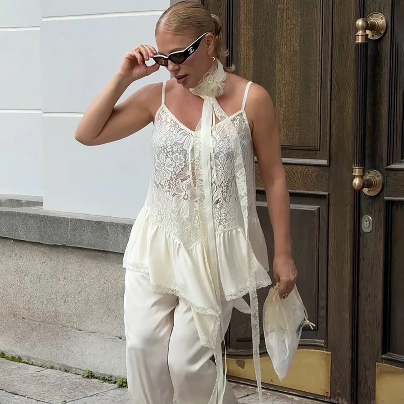 Tornova Lace Splice Sling Vest T shirt Lady Irregular See Through Sexy Top V neck Hot Girl Casual Party Commuting Tanks Fashion