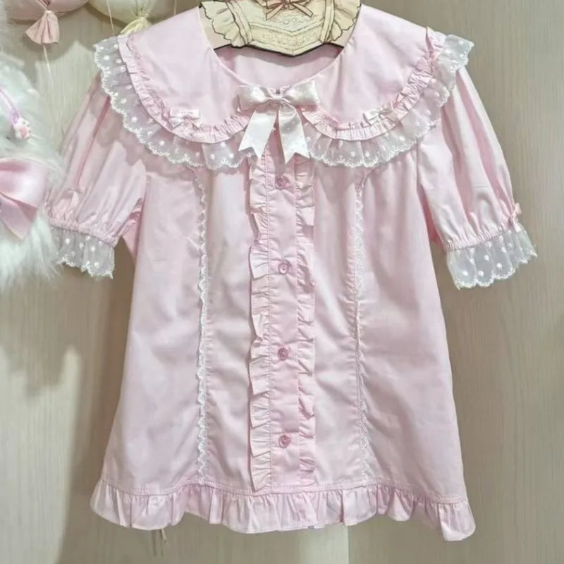 Matakawa Ruffles Blouses Spring Summer Japanese Style Puff Sleeve Fashion Women Shirts Retro Sweet Peter Pan Collar Blusas Mujer